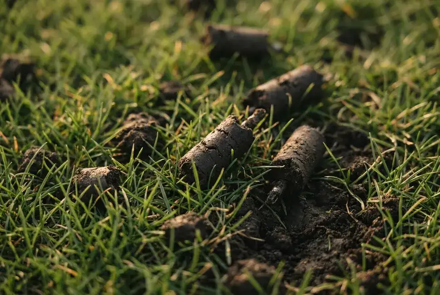 Close-up of turf with visible aeration cores, natural green grass, shallow depth of field
