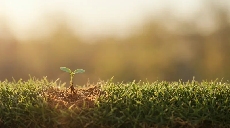 A germinating seedling rooted in a band of living turf, softly fading upward into warm golden light, an illustrated scene with generous open space, no people or specific property shown