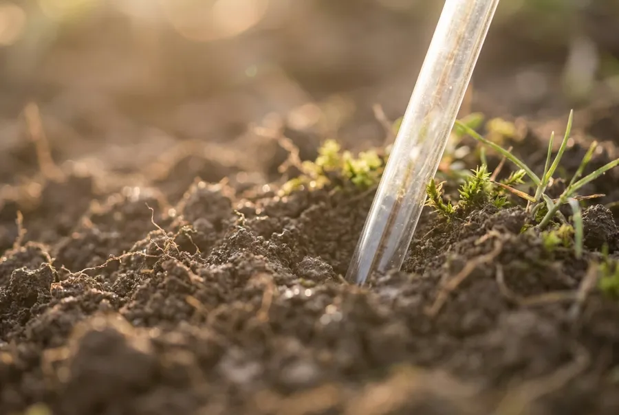 Close macro of moist dark soil with a soil-test probe, no hands or people shown